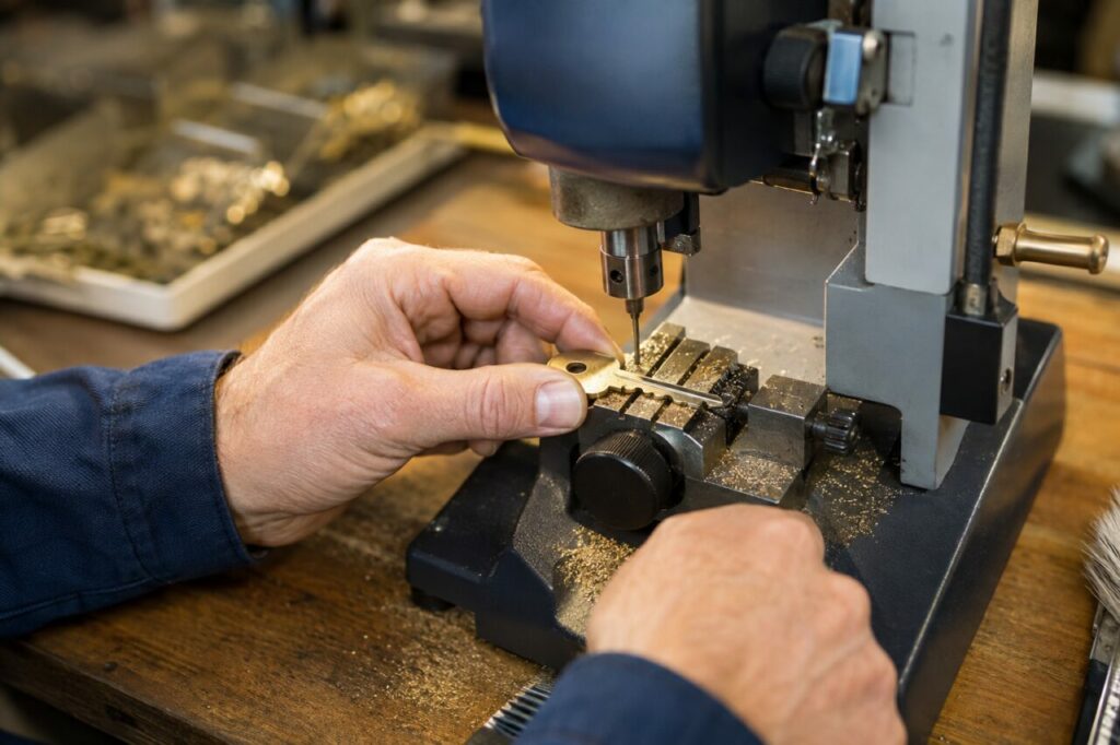 Clé maintenue sur une machine de taille dans un atelier