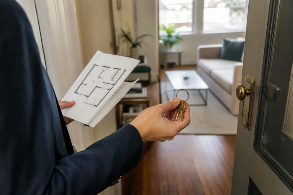 Gouden sleutels en een plattegrond tijdens een bezichtiging in San Francisco