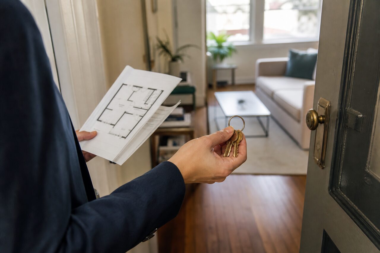 Clés dorées et plan d’appartement dans une visite immobilière à San Francisco