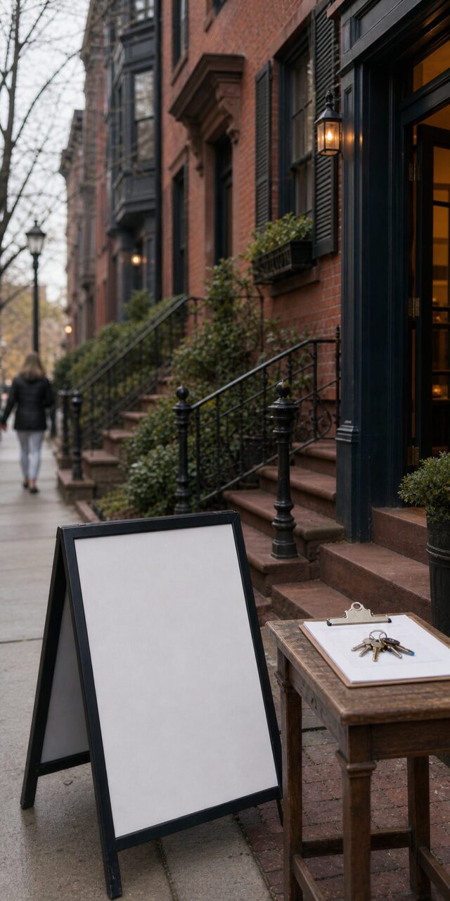 Keys and viewing folder on a Boston property stoop