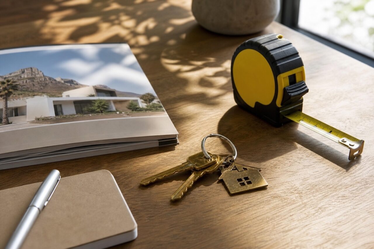 Clés, mètre ruban et brochure immobilière sur une table en bois