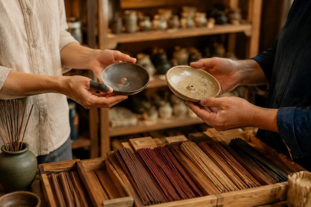 Client comparant deux senteurs d’encens sur un comptoir