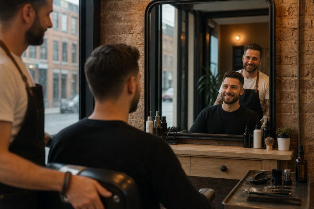 Kunde vor dem Spiegel im Barbiersalon mit einem Mitarbeiter im dunklen Vorbinder