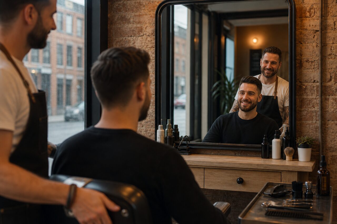 Cliente diante do espelho da barbearia com um profissional de avental escuro atrás da cadeira