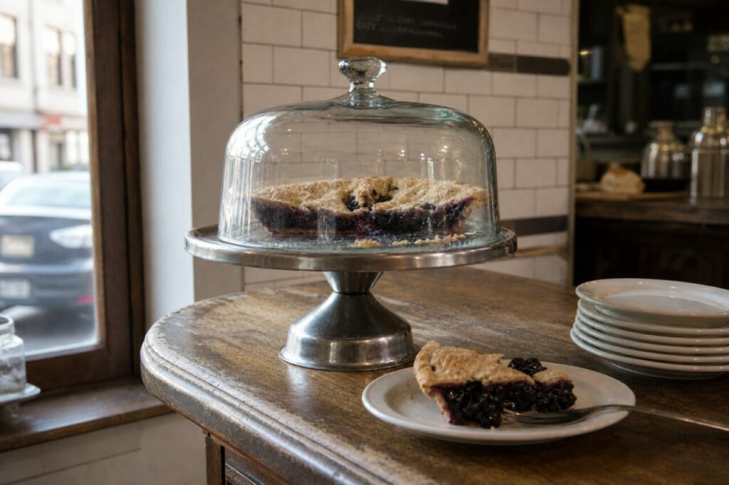 Cloche à tarte face à la fenêtre et part sur assiette