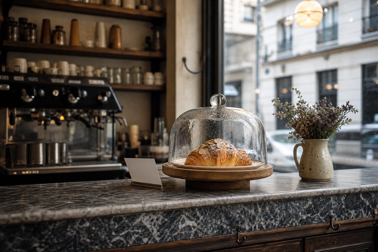 Cúpula de vidro protege um croissant de amêndoas no balcão do café