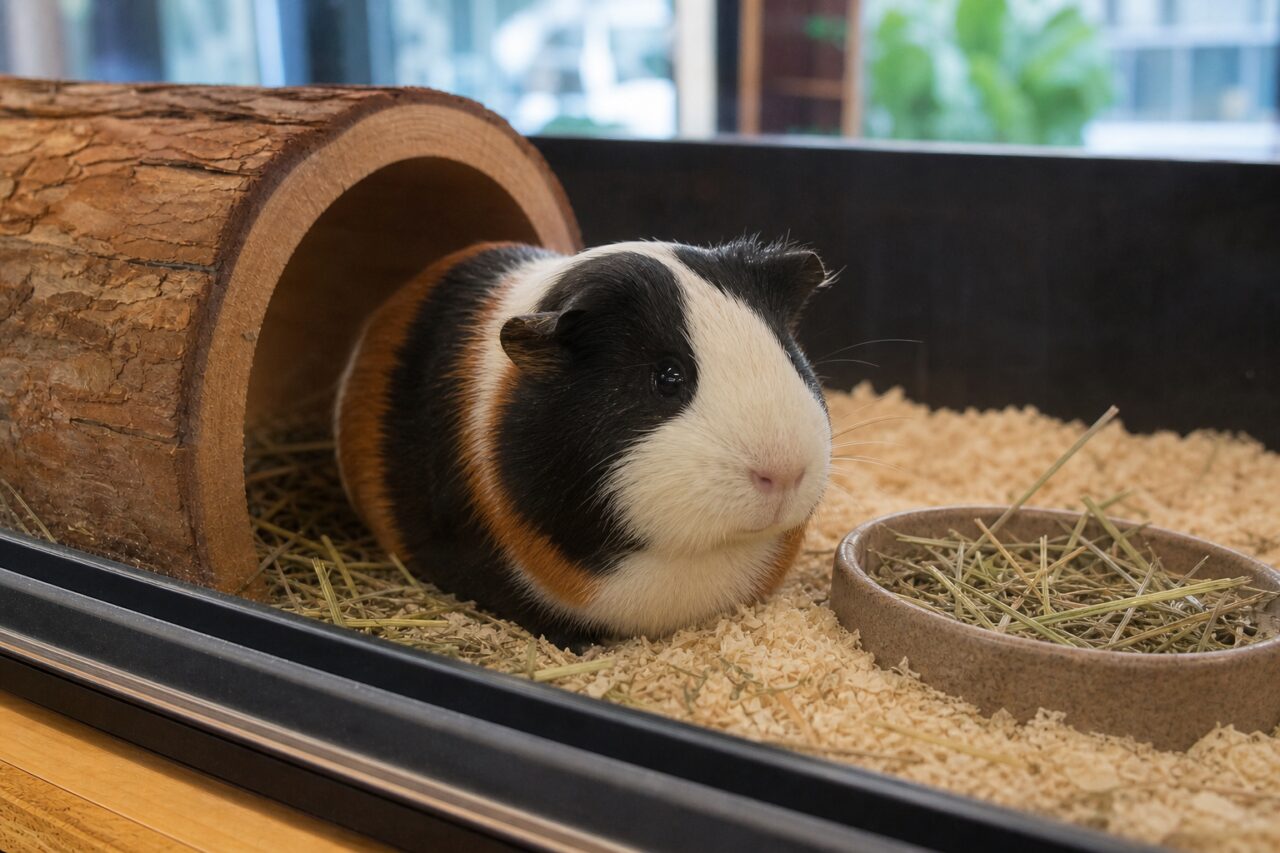 Guinea pig facing its hay bowl