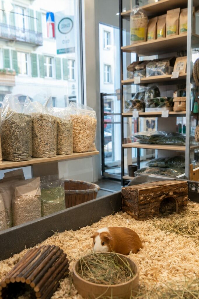 Braunes Meerschweinchen neben einer Heuschale in einem vertikalen Zoofachhandel-Gehege