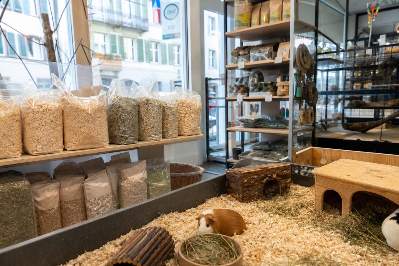 Braunes Meerschweinchen auf dem Weg zum Heu in einem Holzgehege des Zoofachhandels