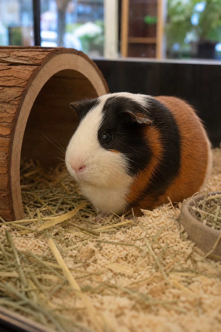 Driekleurige cavia bij de uitgang van een houten tunnel