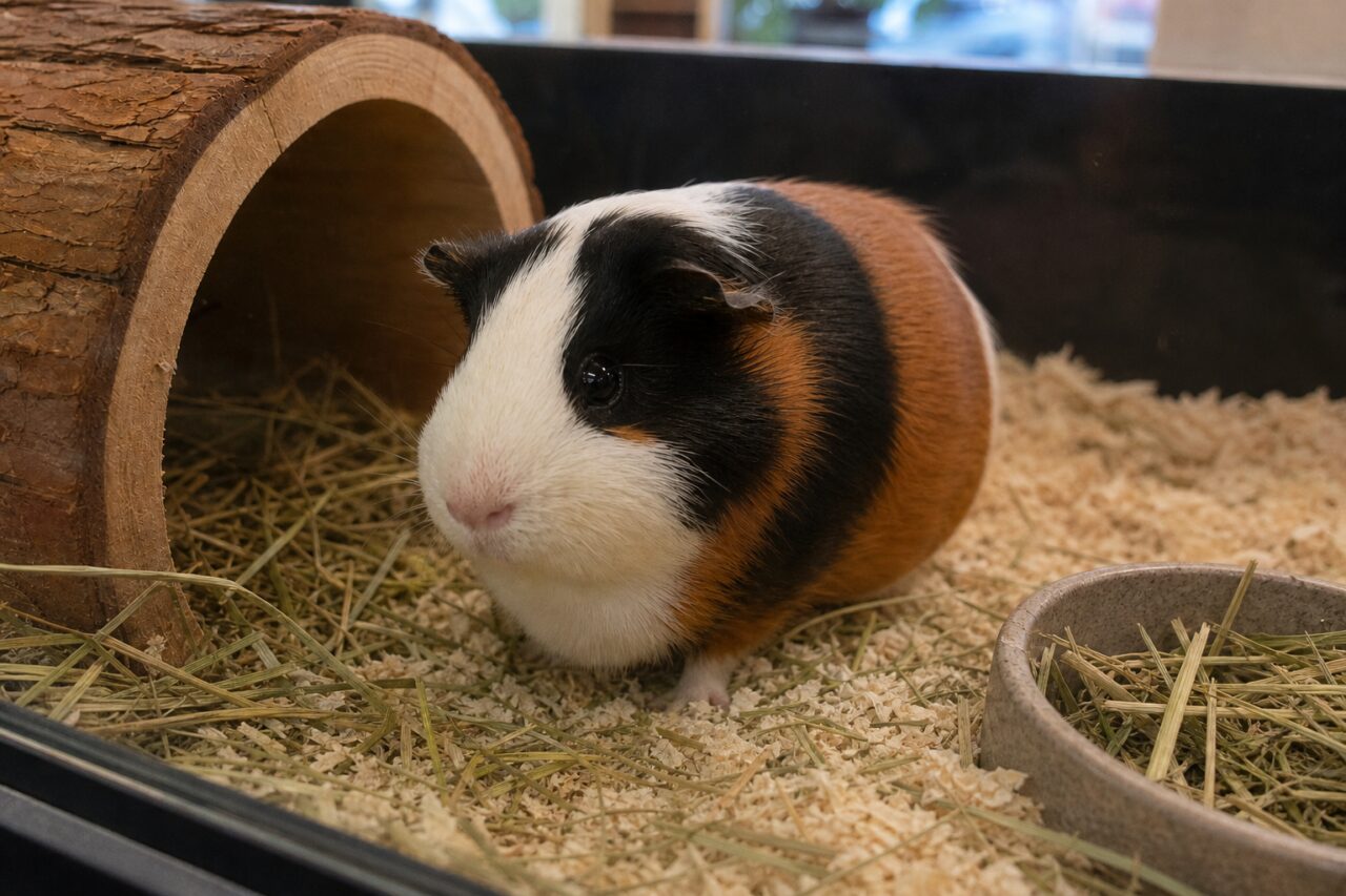 Driekleurige cavia naast de schuilplek van schors