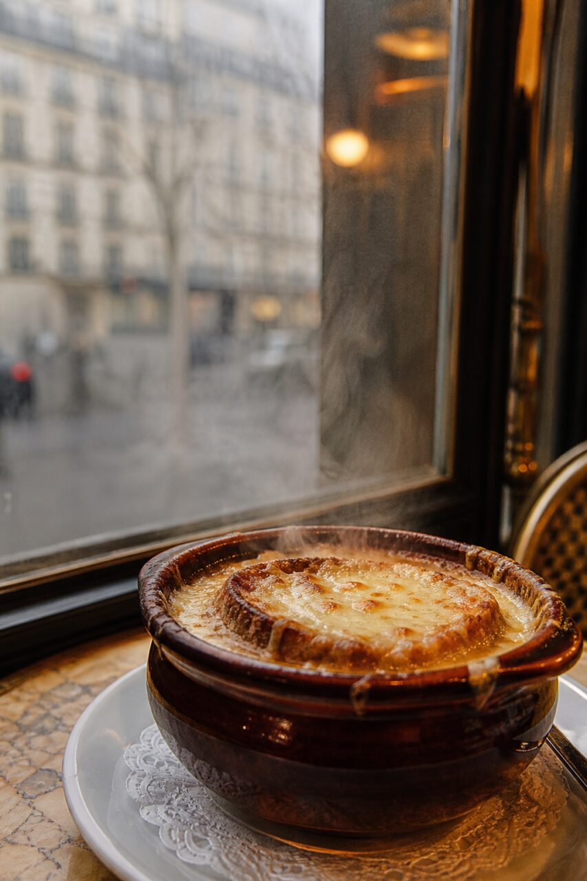 Steaming onion soup crock beside a bright brasserie window