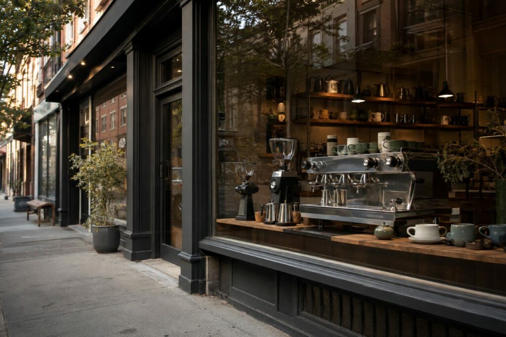 Vetrina di attrezzatura da caffè con macchina espresso, macinacaffè e tazze in una strada alberata