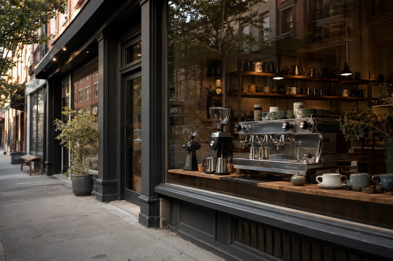 Schaufenster mit Espressomaschine, Mühlen und Tassen an einer baumbestandenen Straße