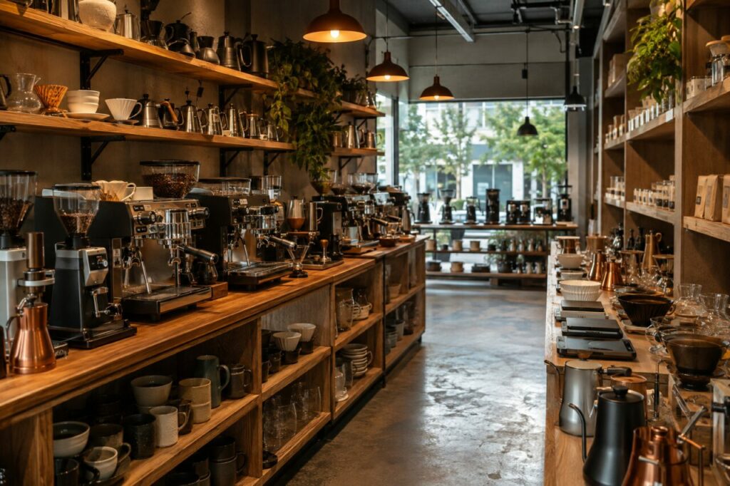 Estanterías de equipamiento cafetero con máquinas espresso, molinos y vajilla