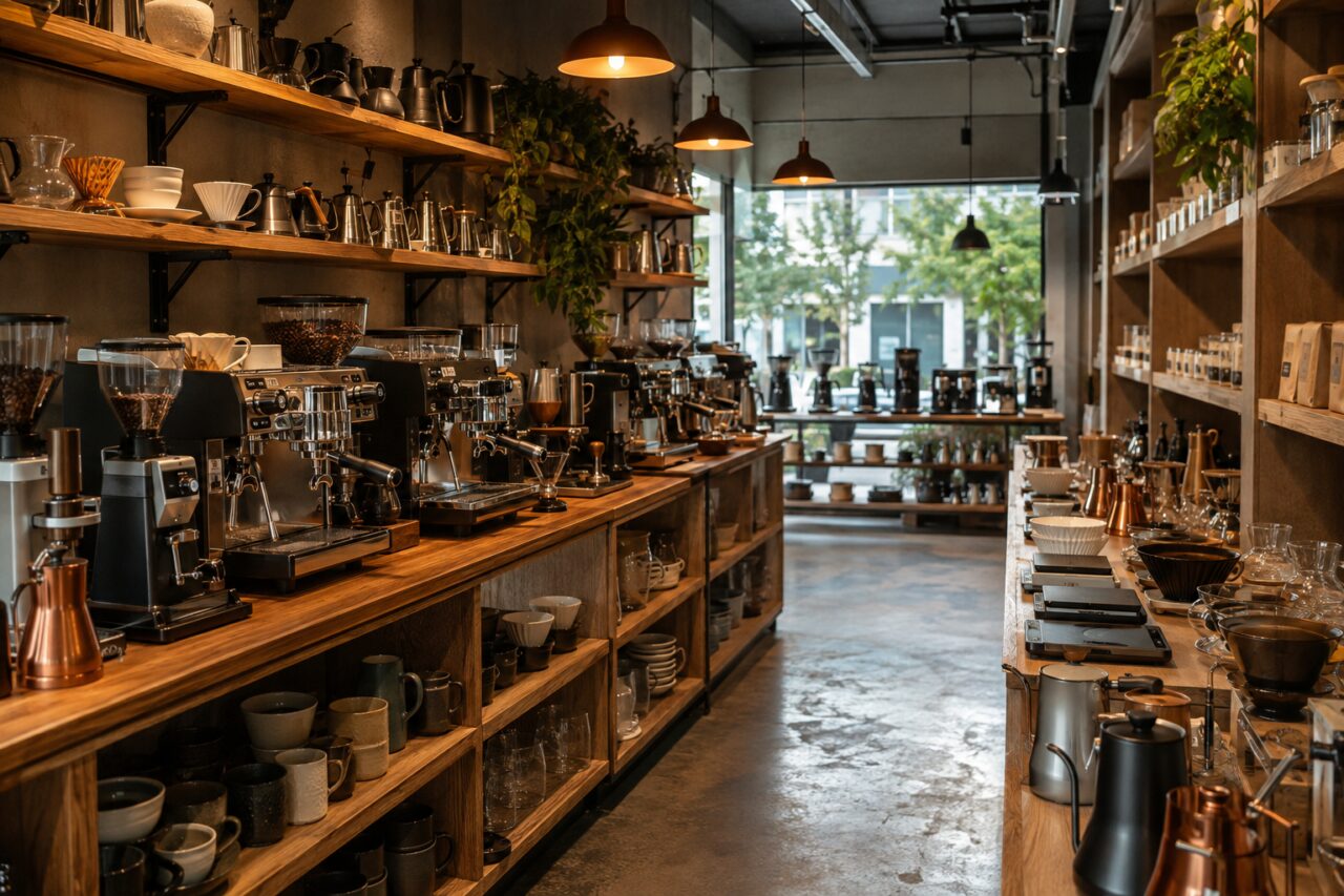 Scaffali di attrezzatura da caffè con macchine espresso, macinacaffè e stoviglie
