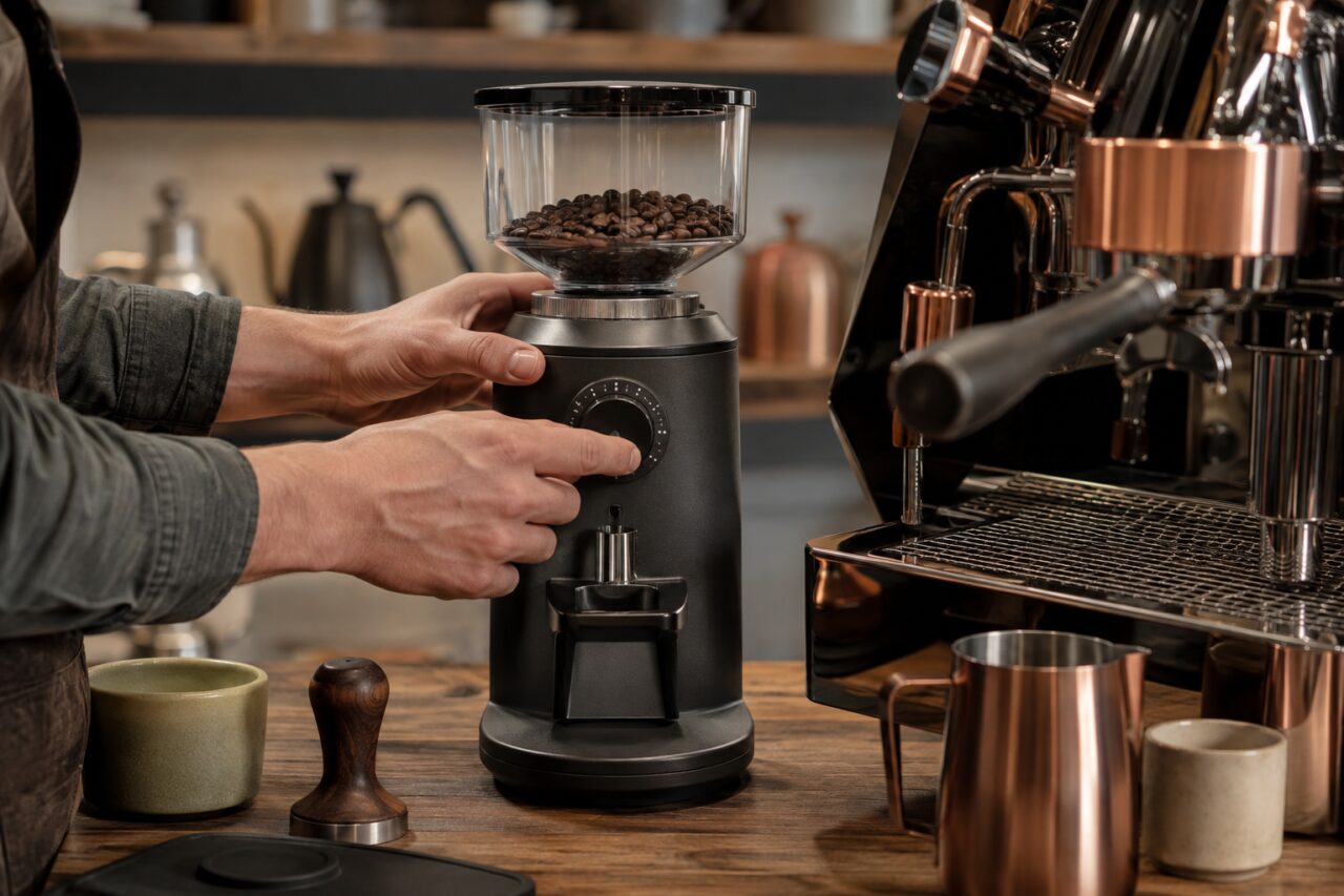 Réglage d’un moulin à café rempli de grains près d’une machine espresso