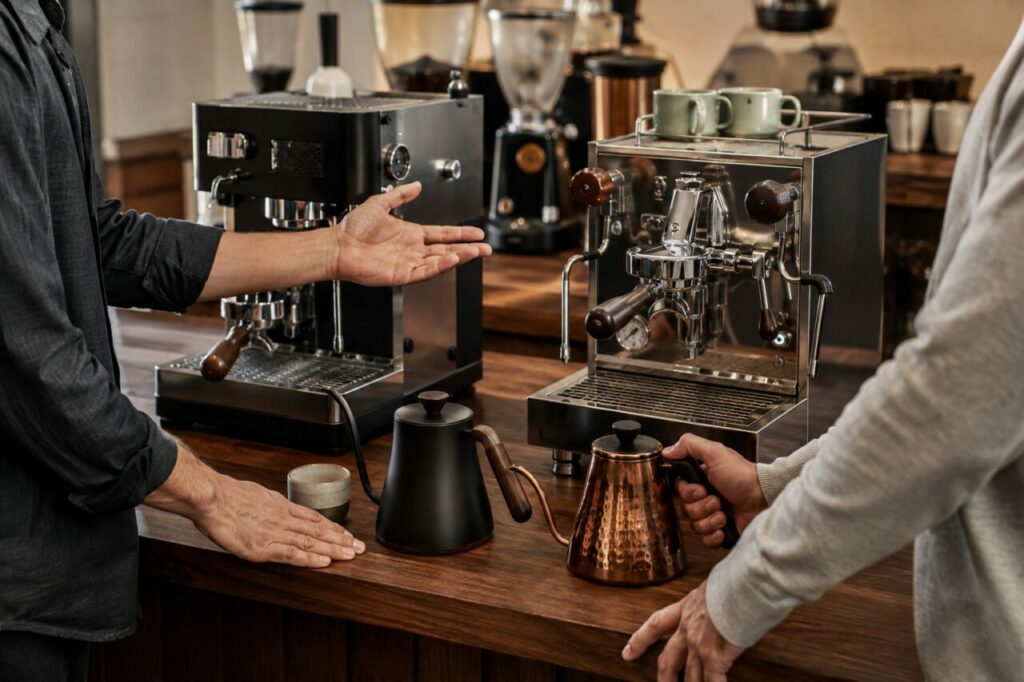 Macchine espresso e bollitori disposti su un bancone di legno per il caffè