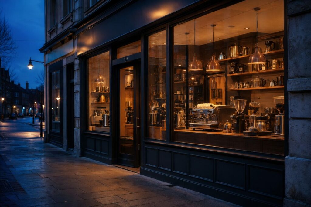 Vitrine iluminada de equipamento de café numa rua calcetada ao anoitecer