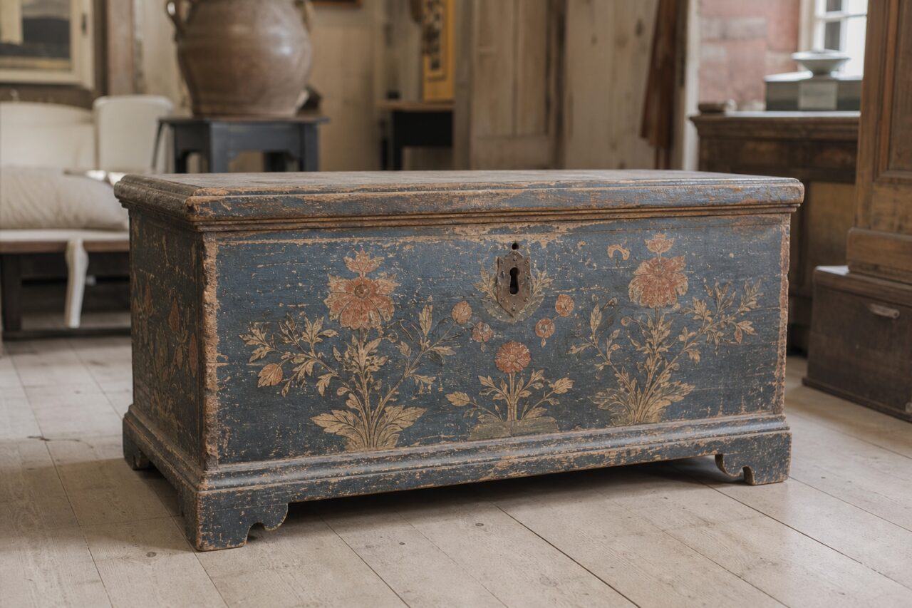 Arca de madeira pintada de azul-acinzentado com decoração floral ocre