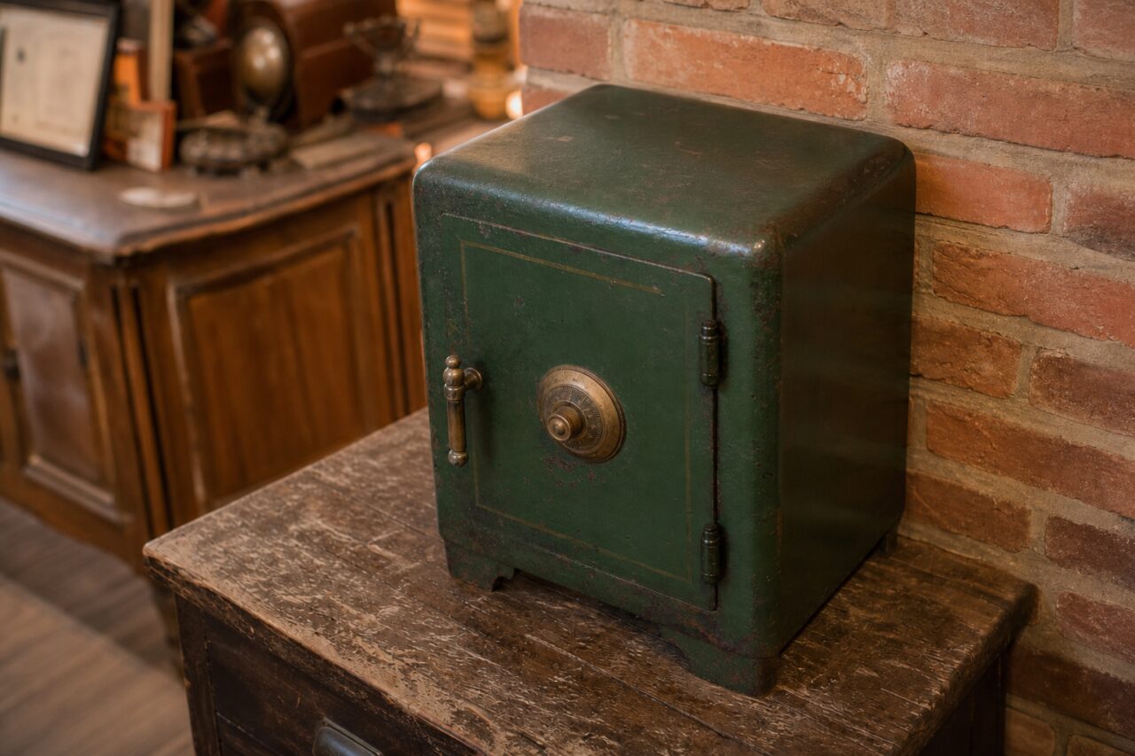 Caja fuerte verde vista en ligera perspectiva superior sobre un mueble gastado