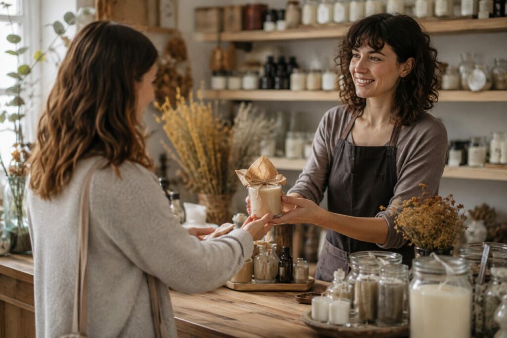 Coffret de bougies présenté à une cliente dans la chandellerie