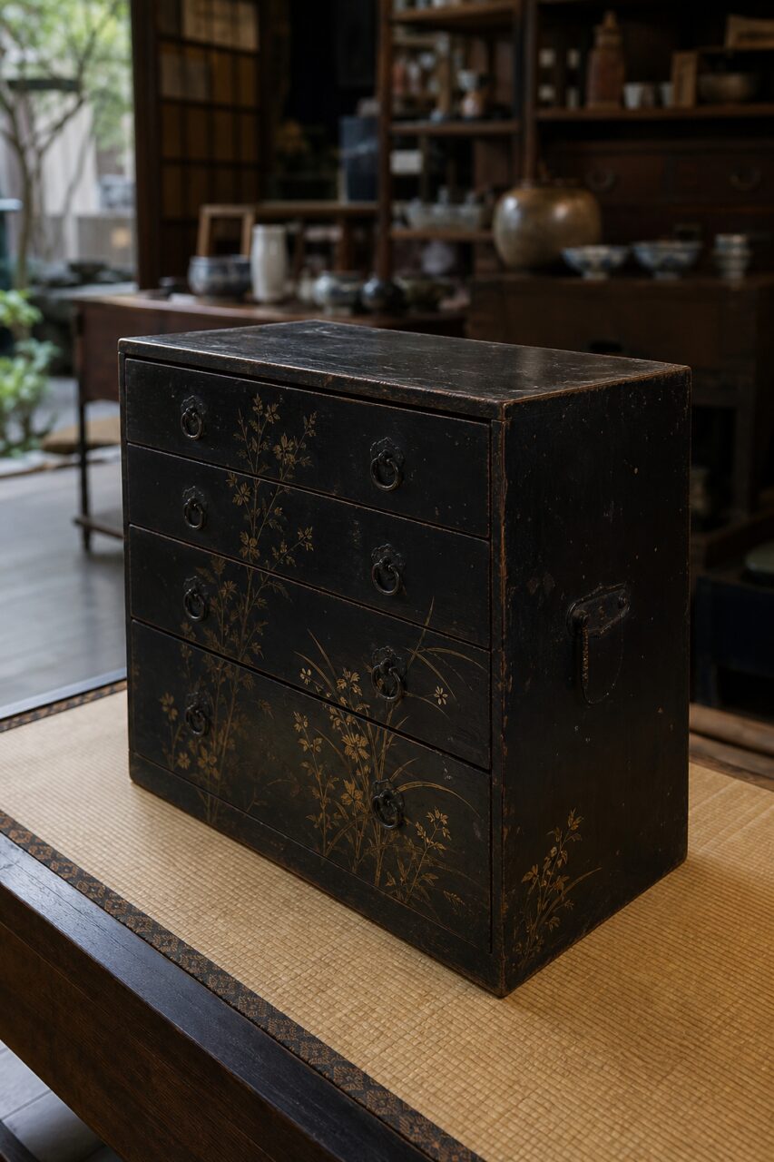 Tall black four-drawer chest with golden flowers