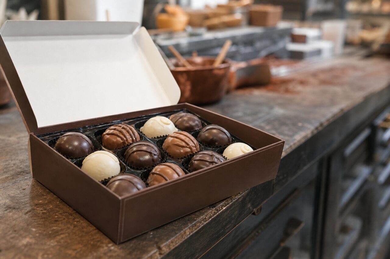 Open assorted chocolate box on a workshop counter