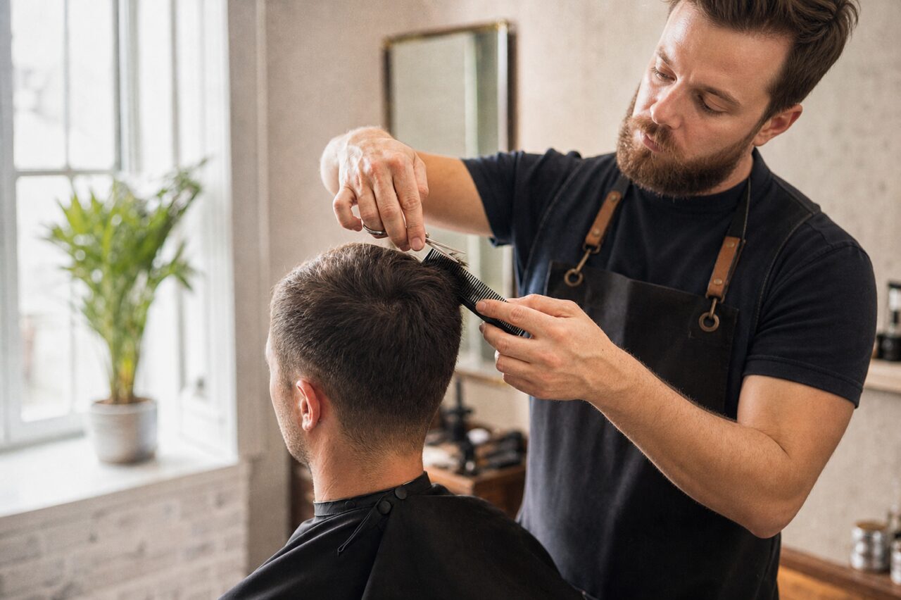 Friseur beim Schneiden im breiten Querformat