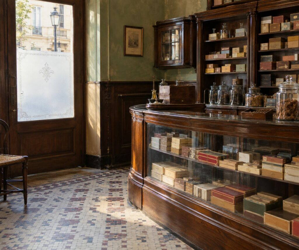 Coin de bureau de tabac historique avec meuble courbe et fenêtre dépolie