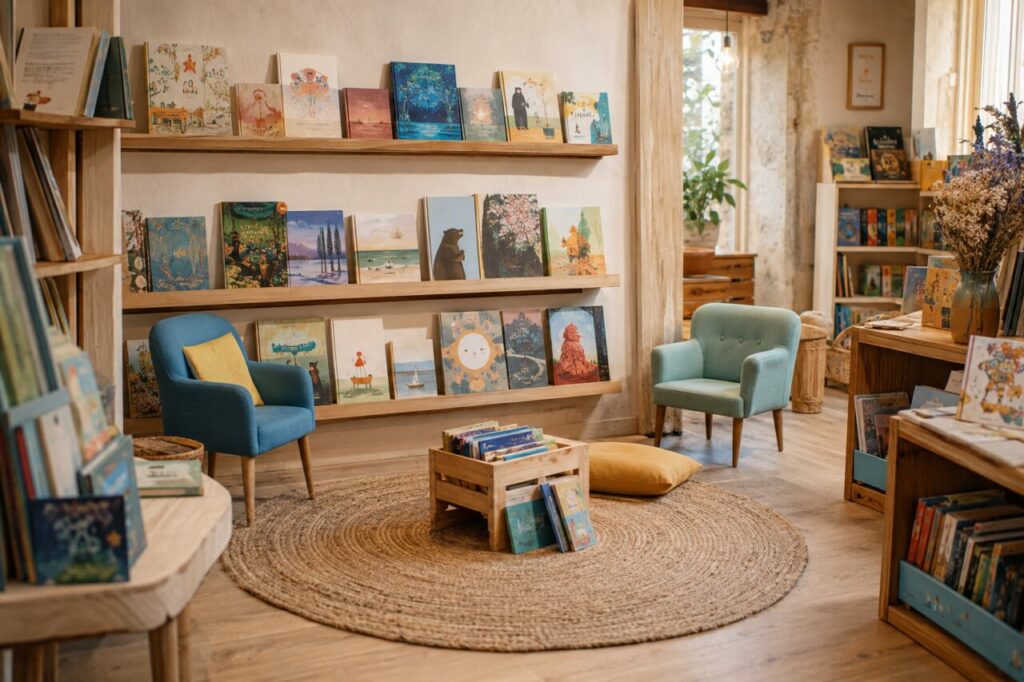 Coin lecture de librairie jeunesse avec tapis rond, fauteuils et albums illustrés