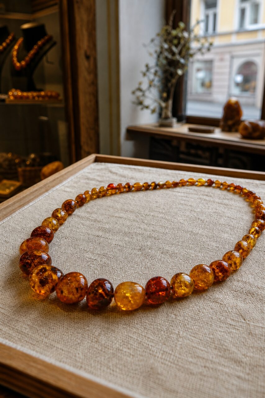 Collier de perles miel et brunes en cadrage vertical