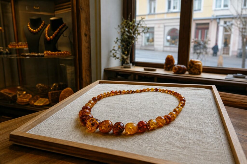 Kette mit bernsteinfarbenen Perlen auf einem Thekentablett