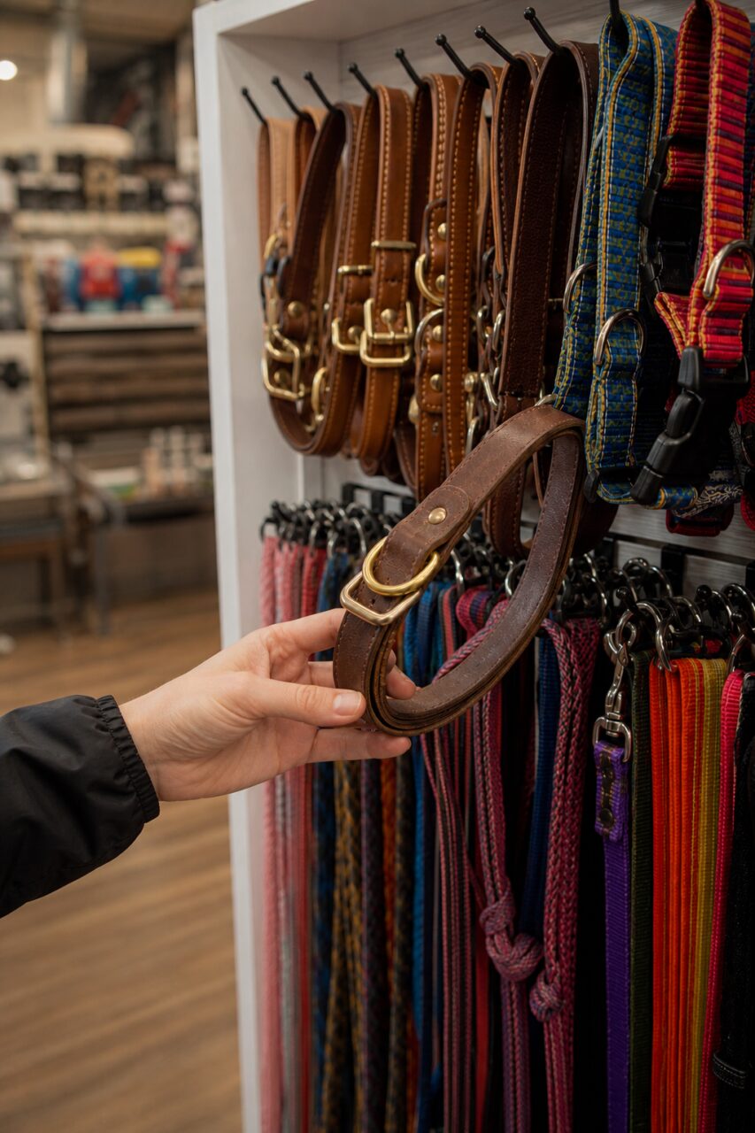 Collier brun à boucle dorée parmi des laisses colorées