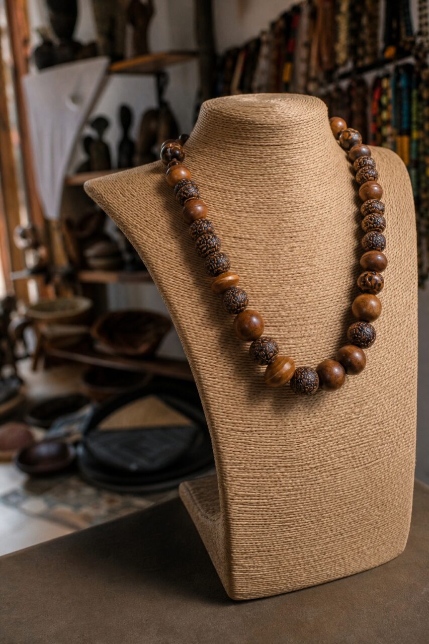 Collana marrone in verticale su busto beige