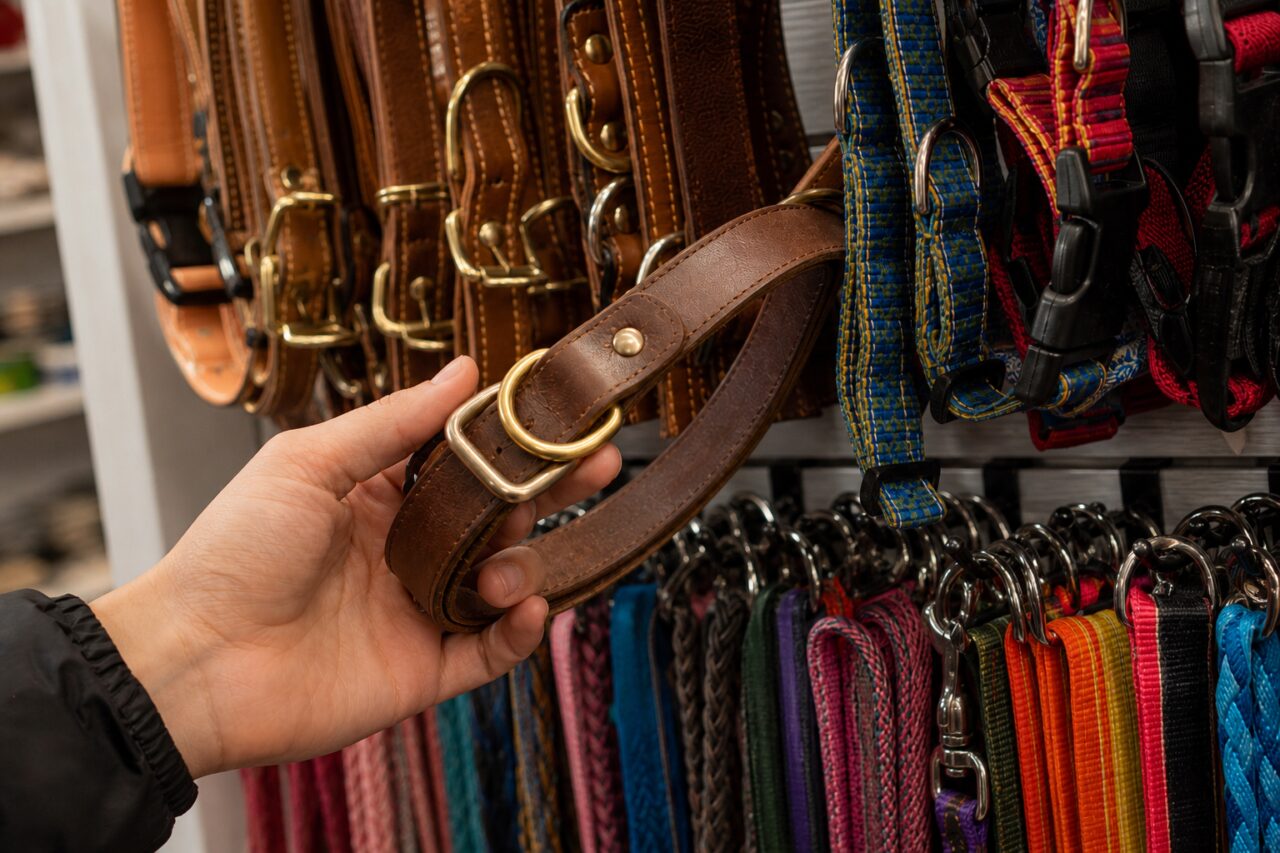 Bruine halsband in de hand voor een lijnendisplay