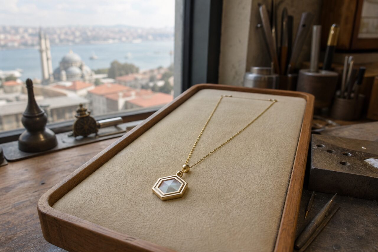 Collar dorado con colgante hexagonal
