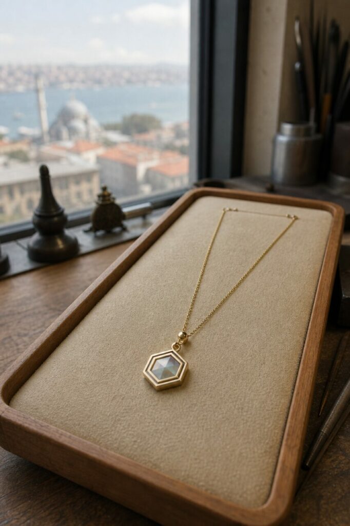 Goldfarbene Kette aus schräger Sicht