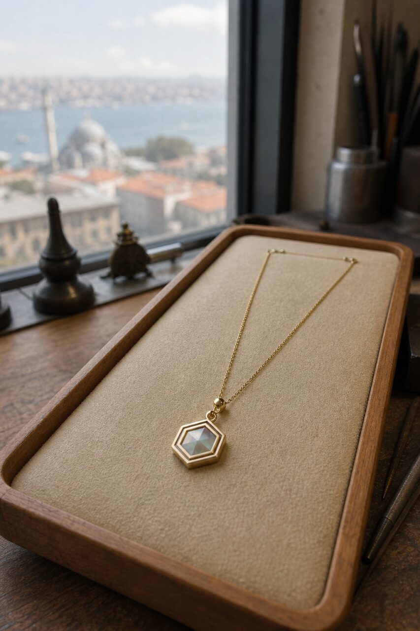 Angled view of the gold-toned necklace