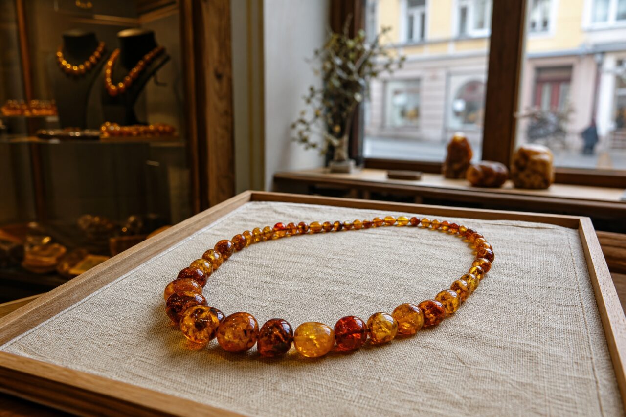 Collier de perles miel et brunes sur plateau textile