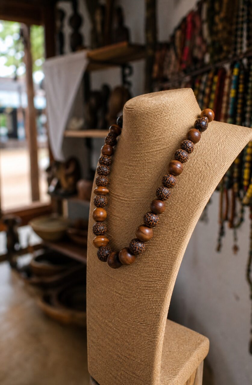 Brown bead necklace on an angled display bust