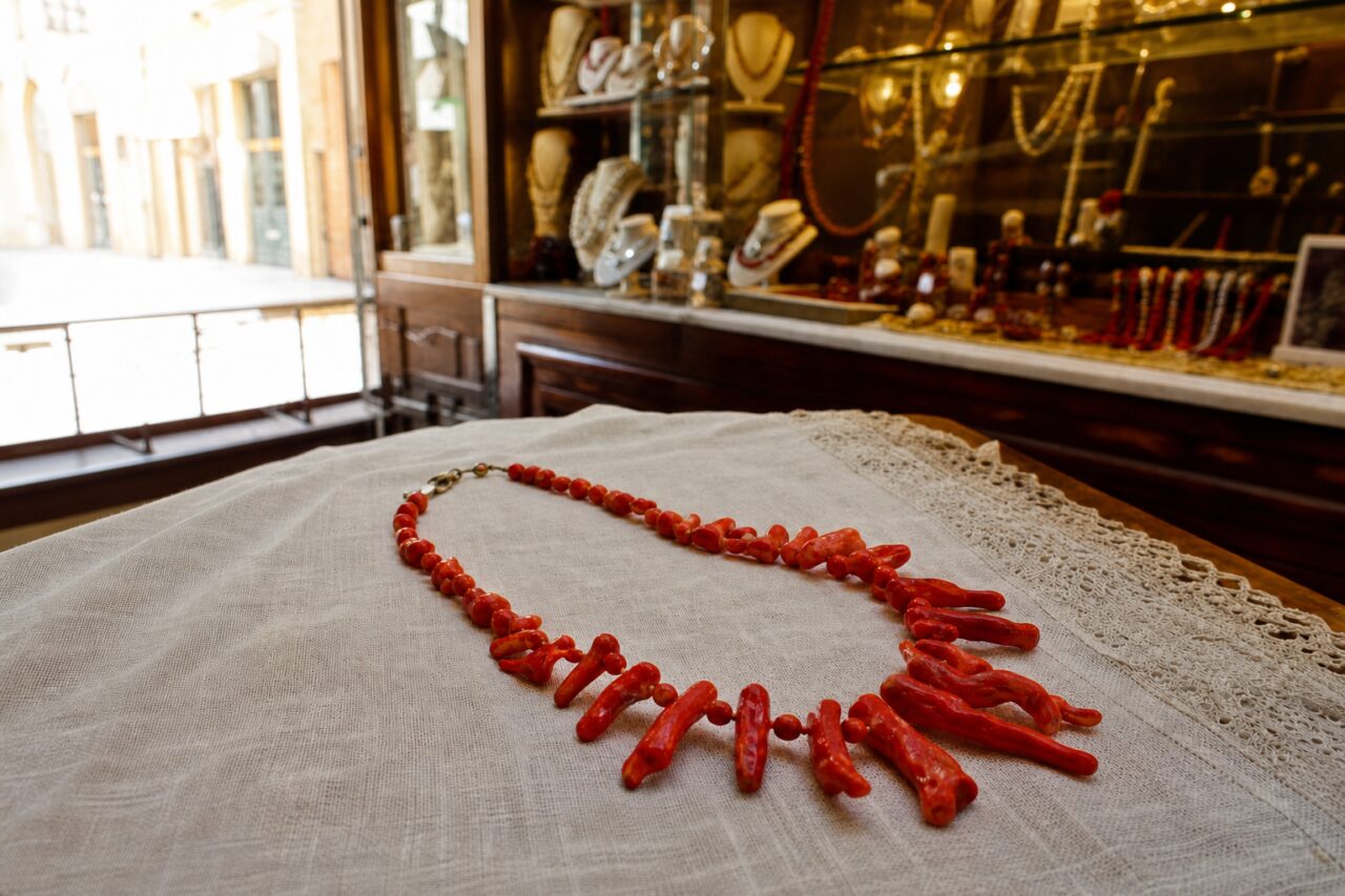 Red necklace in a wide view before jewellery displays