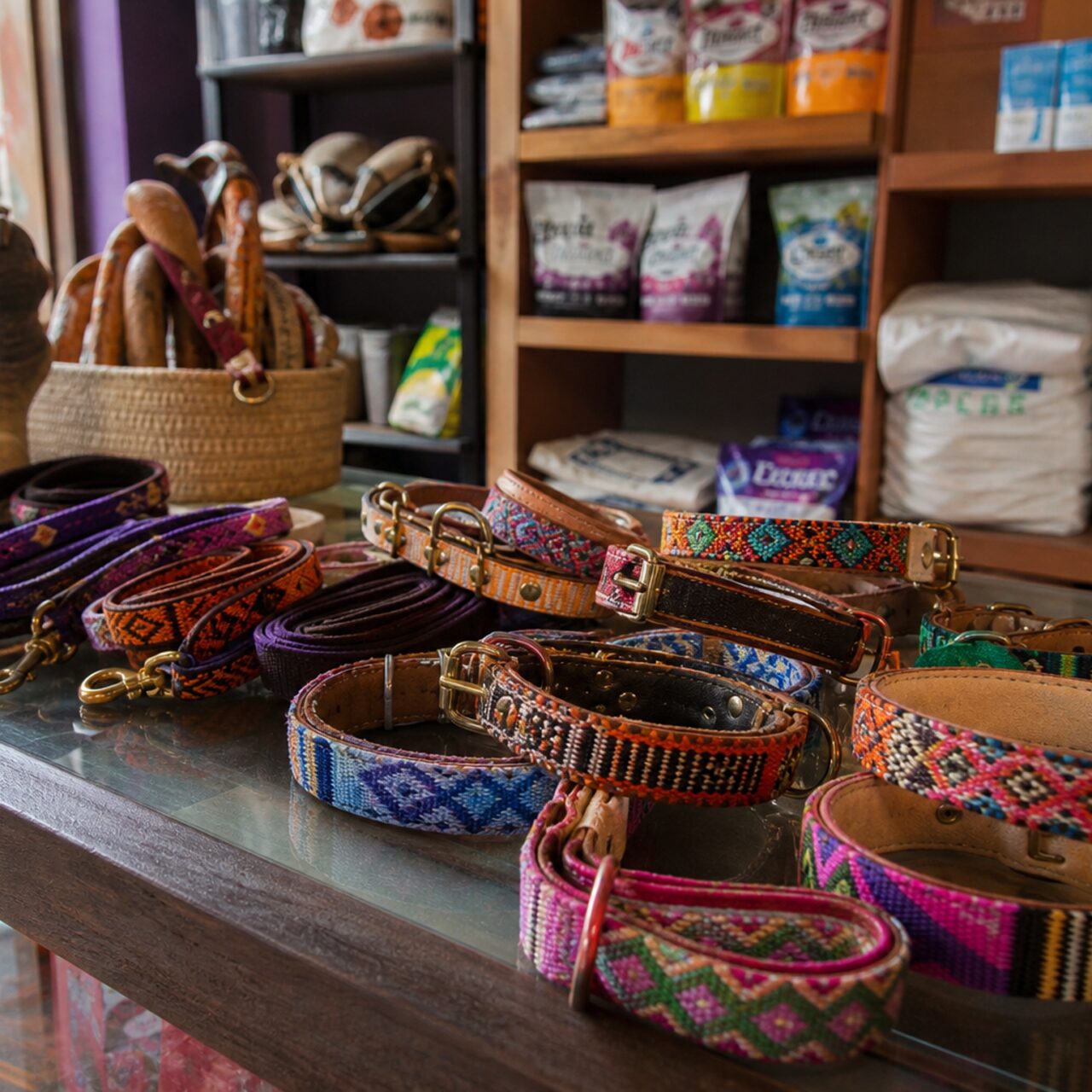 Multicolor geometric dog collars on a glass counter
