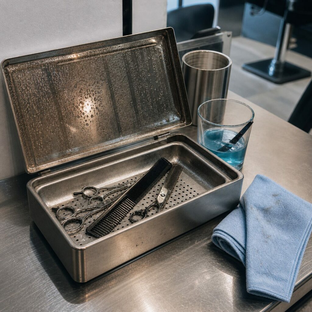 Square composition of the tray and blue cloth