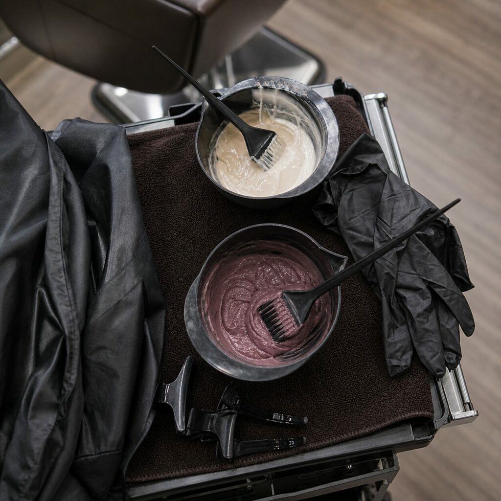 Bols de mélange alignés entre cape, gants et pinces de salon