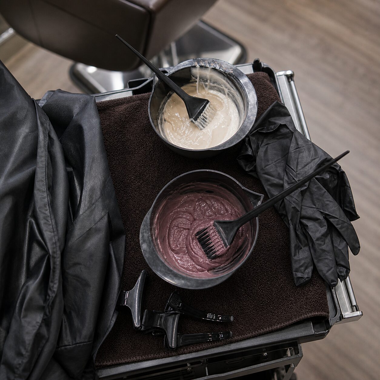 Bols de mélange alignés entre cape, gants et pinces de salon