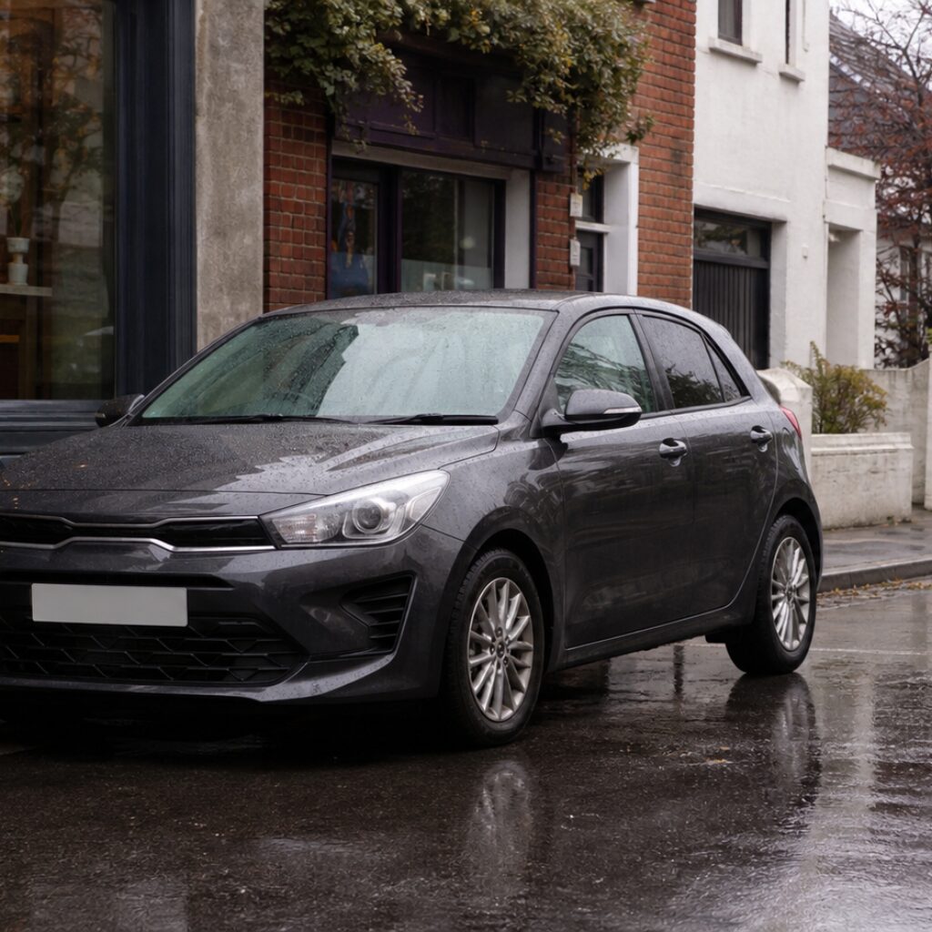 Square composition of bodywork and wet-road reflections