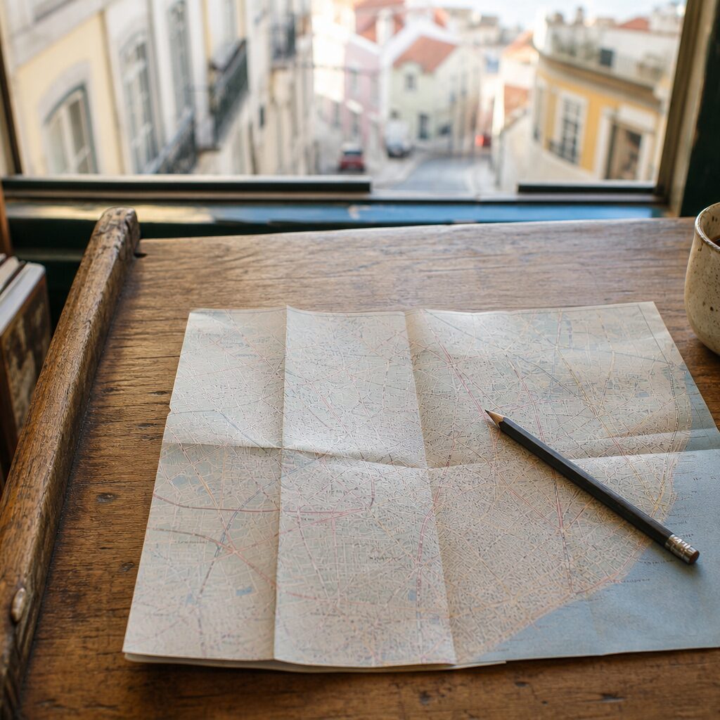 Composition carrée avec carte, crayon et rebord de tasse