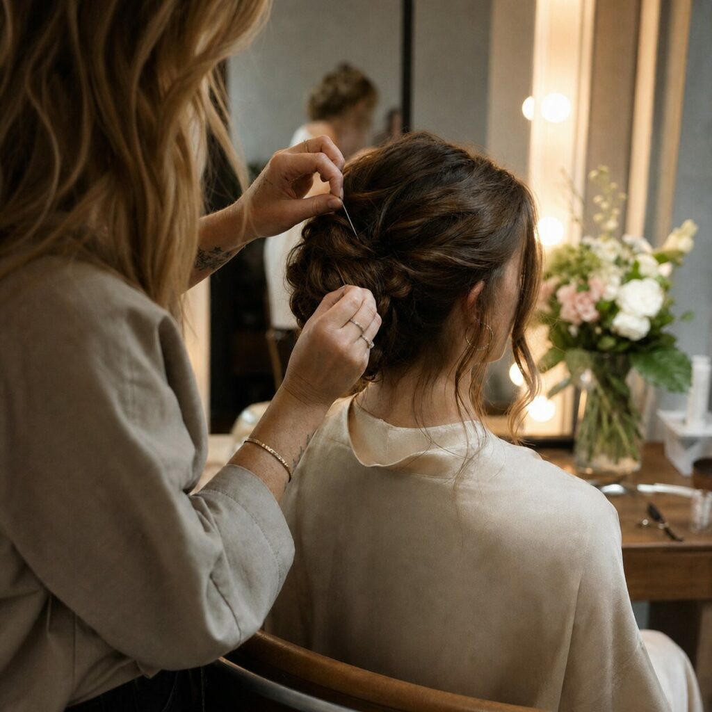 Sous les lumières, la coiffeuse attache le chignon brun