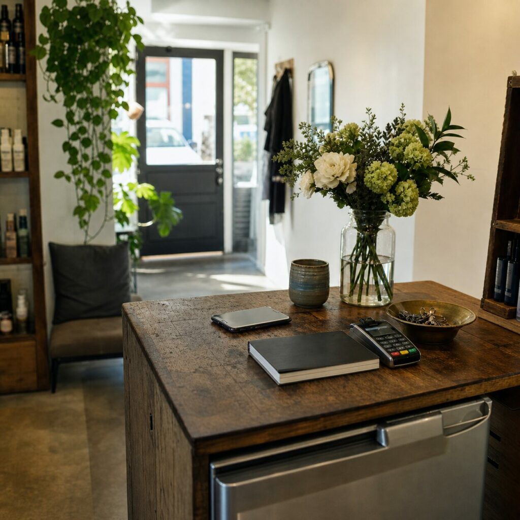 Fleurs blanches sur comptoir bois près des rayonnages du salon